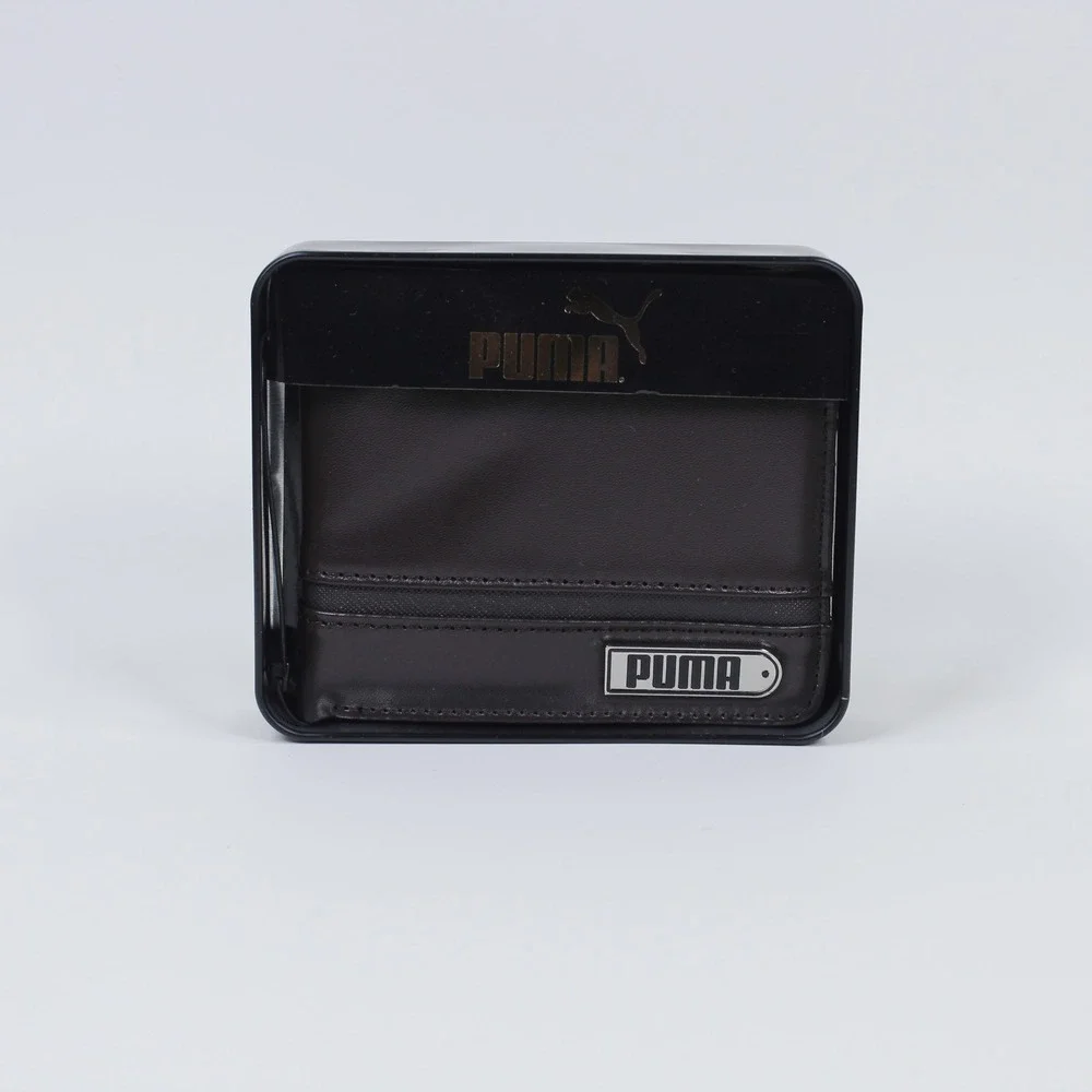 Puma Men's Black Bifold Wallet with Silver Metal Logo Plate NIB Genuine